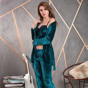 5483 Kadın Kadife Sabahlık Balenli Destekli Dolgulu Askıları Çıkabilen Dantelli Büstiyer Sütyen ve Pantolon Pijama 3'lü