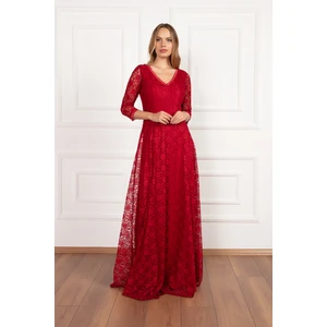Kadın Kristy 3810-2 V Yaka Dantel Uzun Elbise