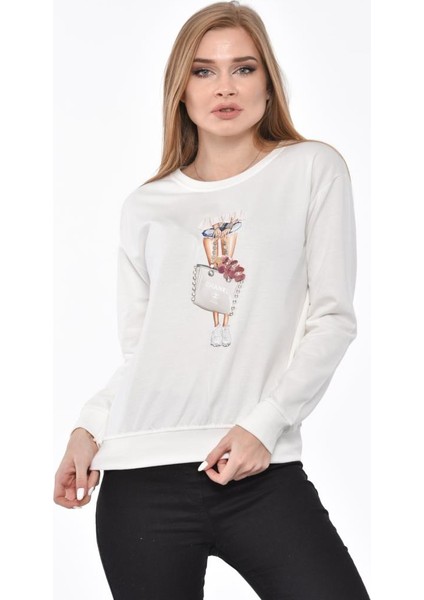 Uzun Kollu Çanta Baskılı Taşlı ve Pullu Beyaz Sweatshirt M