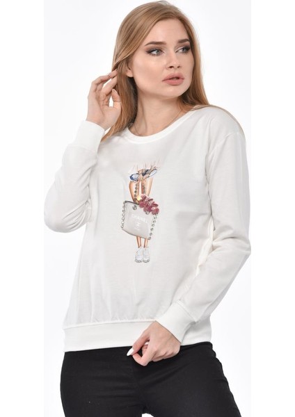 Uzun Kollu Çanta Baskılı Taşlı ve Pullu Beyaz Sweatshirt M