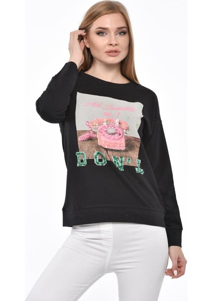 Uzun Kollu Telefon Baskılı Taşlı ve Pullu Siyah Sweatshirt L