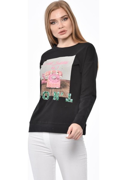 Uzun Kollu Telefon Baskılı Taşlı ve Pullu Siyah Sweatshirt L