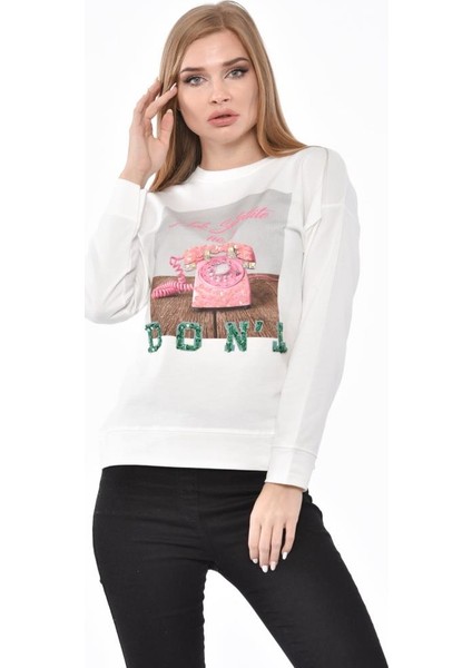 Uzun Kollu Telefon Baskılı Taşlı ve Pullu Beyaz Sweatshirt L