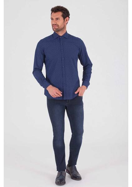 Erkek Desenli Slim Fit Lacivert Gömlek