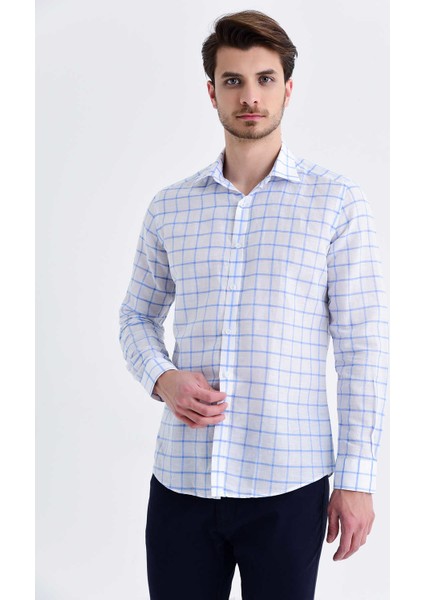 Erkek Kareli Slim Fit Mavi Gömlek
