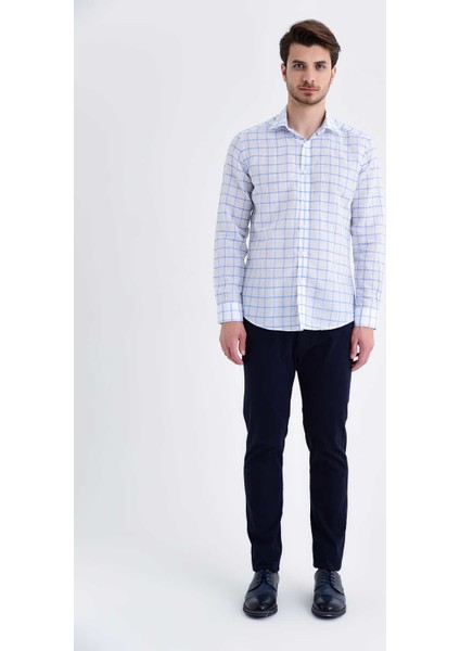 Erkek Kareli Slim Fit Mavi Gömlek
