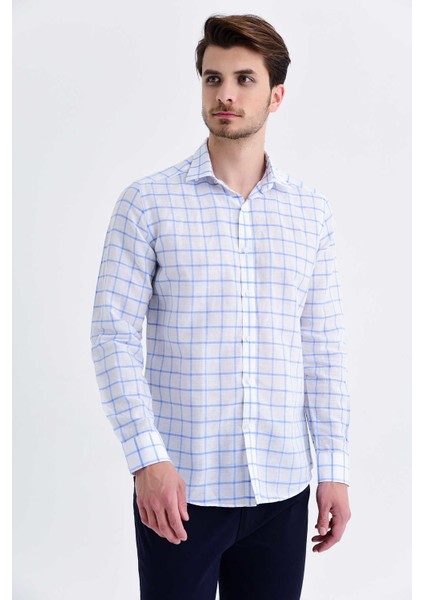Erkek Kareli Slim Fit Mavi Gömlek