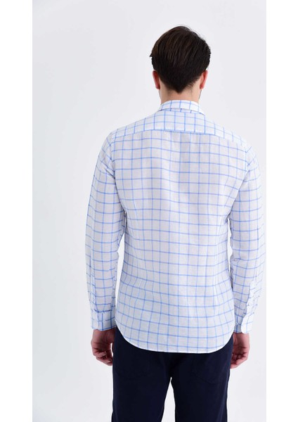 Erkek Kareli Slim Fit Mavi Gömlek
