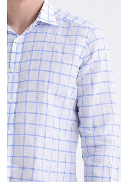 Erkek Kareli Slim Fit Mavi Gömlek