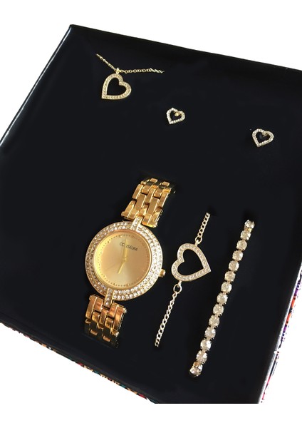 Kadın Kalpli Kolye Küpe Bileklik Saat Set Ps0520