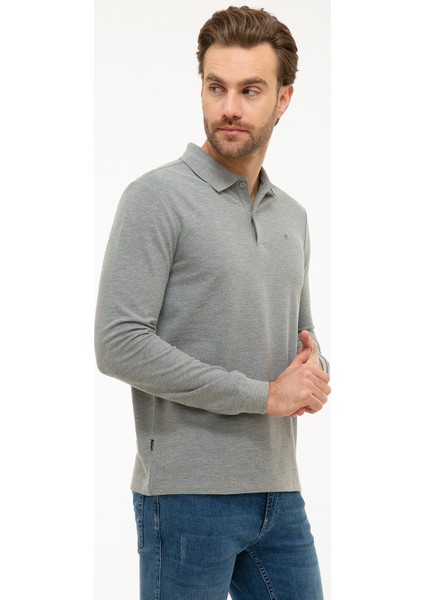 Erkek Gri Melanj Slim Fit Polo Yaka Sweatshirt 50226541-VR086