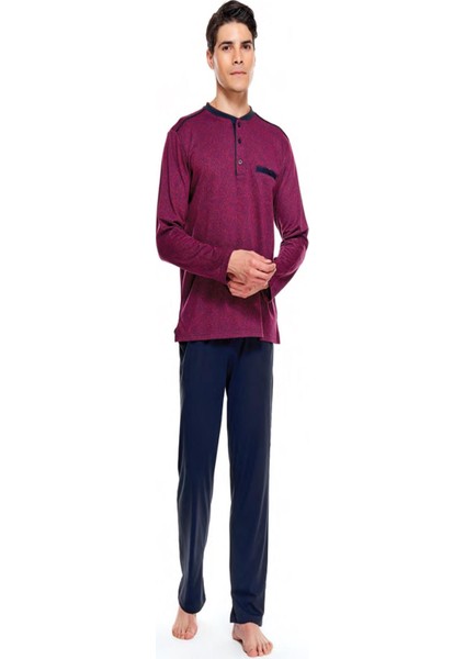 8540 Jakarlı Patlı Uzun Kol Erkek Pijama Takım Bordo XL