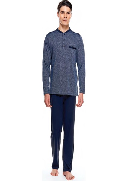 8540 Jakarlı Patlı Uzun Kol Erkek Pijama Takım İndigo XL