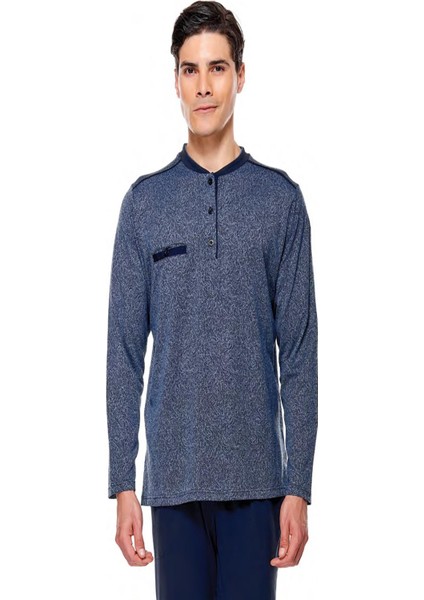 8540 Jakarlı Patlı Uzun Kol Erkek Pijama Takım İndigo XL