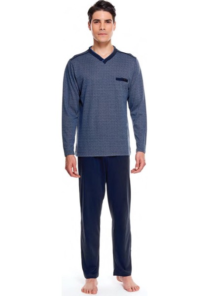 8547 Jakarlı V Yaka Erkek Pijama Takım İndigo XL