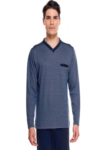 8547 Jakarlı V Yaka Erkek Pijama Takım İndigo XL