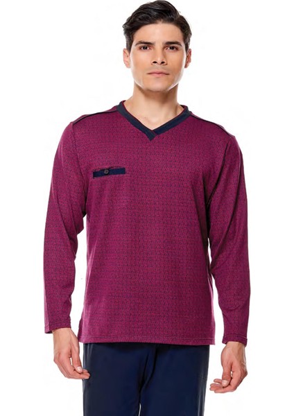 8547 Jakarlı V Yaka Erkek Pijama Takım Bordo XL