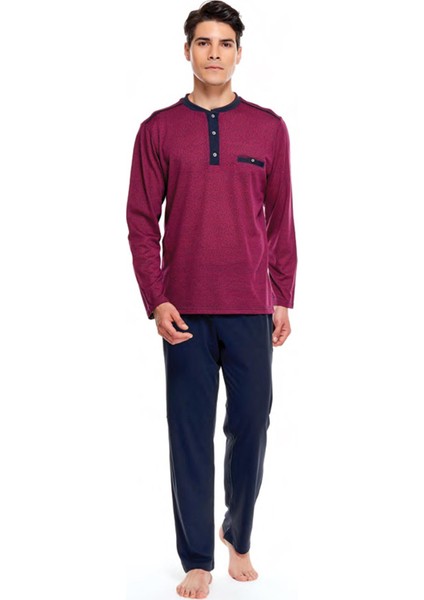 8518 Jakarlı Patlı Uzun Kol Erkek Pijama Takım Bordo XL