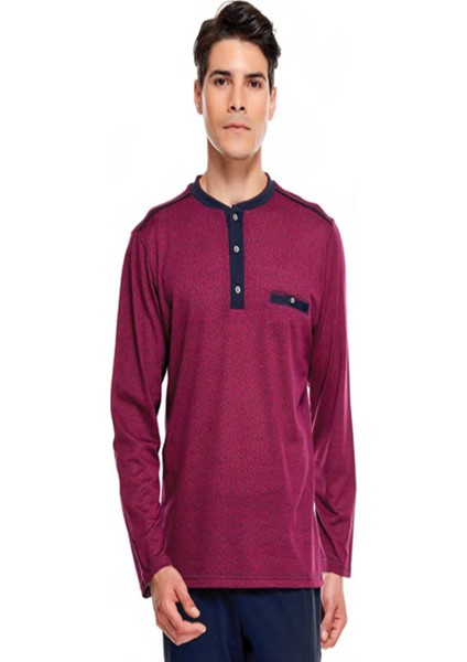 8518 Jakarlı Patlı Uzun Kol Erkek Pijama Takım Bordo XL