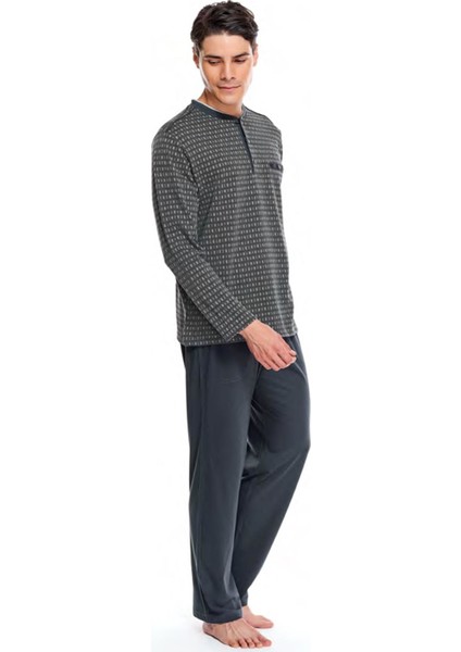 8530 Jakarlı Patlı Uzun Kol Erkek Pijama Takım Füme XL