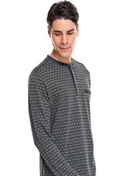8530 Jakarlı Patlı Uzun Kol Erkek Pijama Takım Füme XL