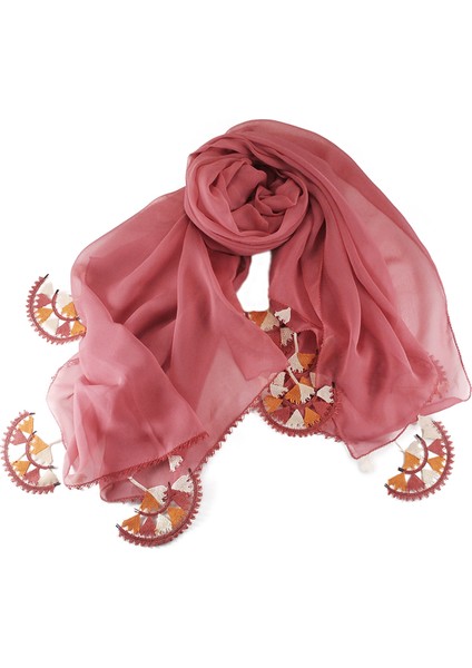 İğne Oyalı Kırmızı İpek Şal