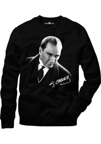 Atatürk Portre Erkek Uzun Kollu Bisiklet Yaka Sweatshirt