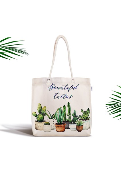 Beautiful Cactus Desenli Dijital Baskılı Fermuarlı Kumaş Çanta