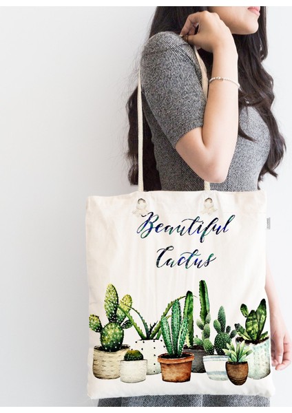 Beautiful Cactus Desenli Dijital Baskılı Fermuarlı Kumaş Çanta fiyatları