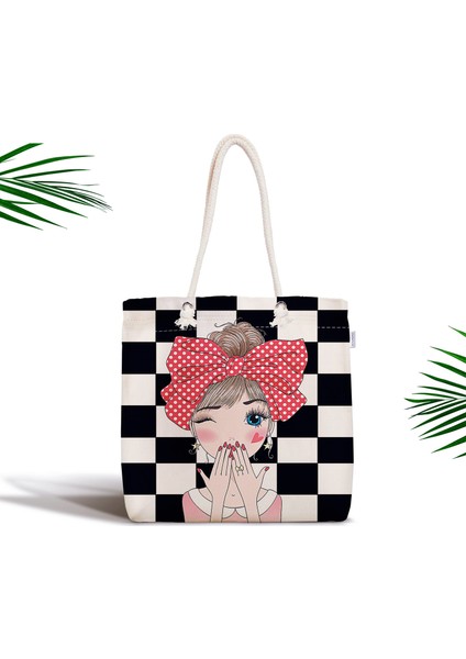 Damalı Fashion Girl Dijital Baskılı Fermuarlı Kumaş Çanta