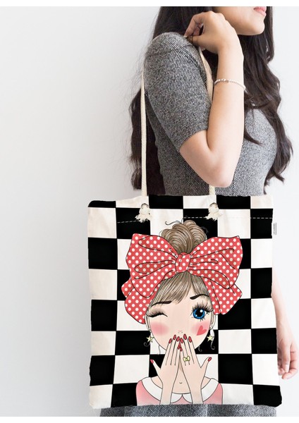 Damalı Fashion Girl Dijital Baskılı Fermuarlı Kumaş Çanta fiyatları