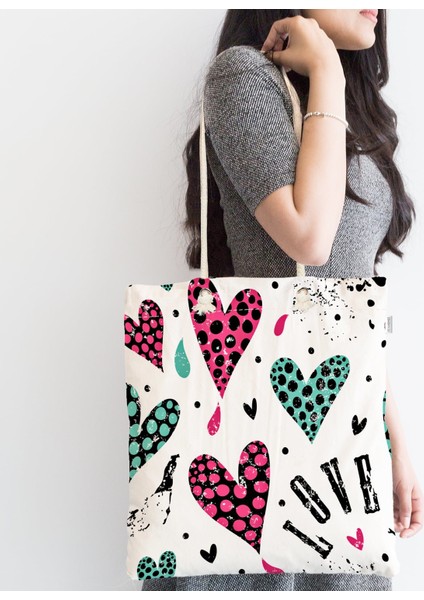 Kalpli Love Desenli Fermuarlı Modern Kumaş Çanta fiyatları