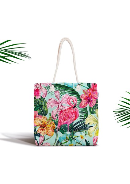 Yalnız Flamingo Motifli Dijital Baskılı Fermuarlı Kumaş Çanta