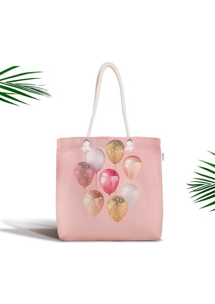 Pembe Zeminli Balonlar Desenli Fermuarlı Kumaş Çanta