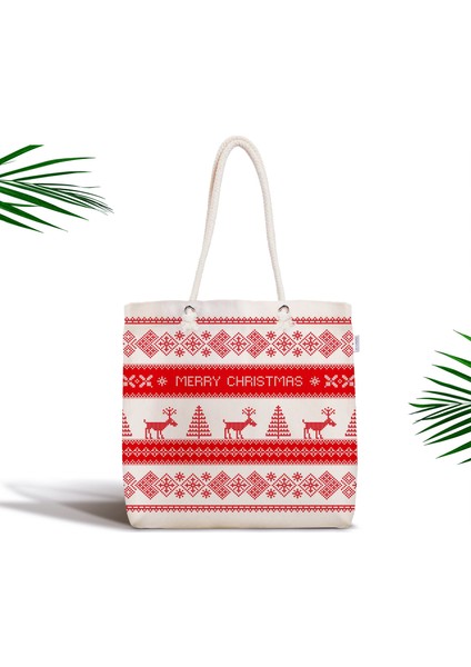 Merry Christmas Kanaviçe Görünümlü Geyikler Baskılı Fermuarlı Kumaş Çanta