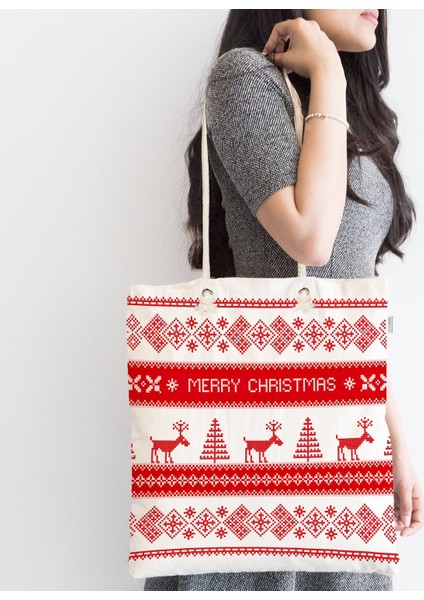Merry Christmas Kanaviçe Görünümlü Geyikler Baskılı Fermuarlı Kumaş Çanta fiyatları