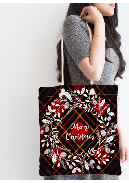 Ekose Merry Christmas Desenli Dijital Baskılı Fermuarlı Kumaş Çanta fiyatları