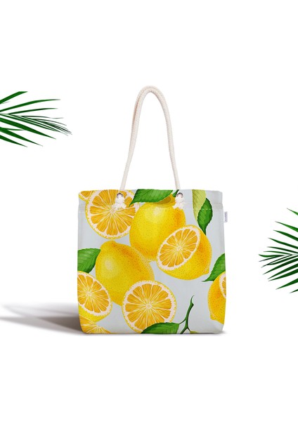 Mavi Zeminli Limon Desenli Fermuarlı Modern Kumaş Çanta