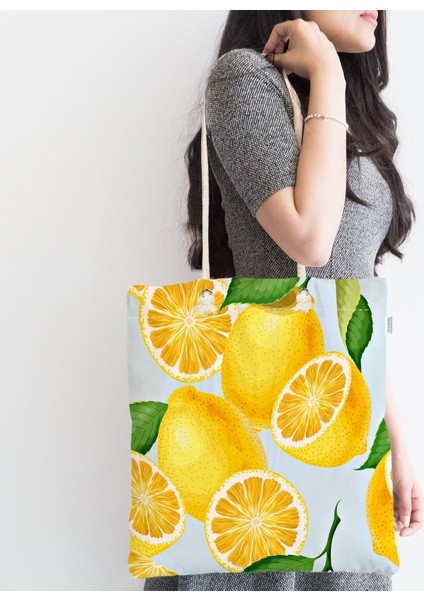 Mavi Zeminli Limon Desenli Fermuarlı Modern Kumaş Çanta