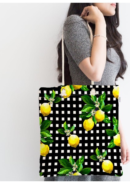 Siyah Zeminde Ekose Desenli Limon Baskılı Fermuarlı Modern Kumaş Çanta fiyatları