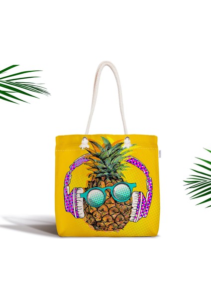 Summer Ananas Tasarımlı Fermuarlı Modern Kumaş Çanta