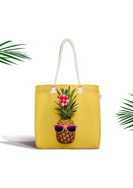 Sarı Zeminli 3D Ananas Modern Tasarımlı Fermuarlı Kumaş Çanta