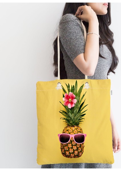 Sarı Zeminli 3D Ananas Modern Tasarımlı Fermuarlı Kumaş Çanta fiyatları