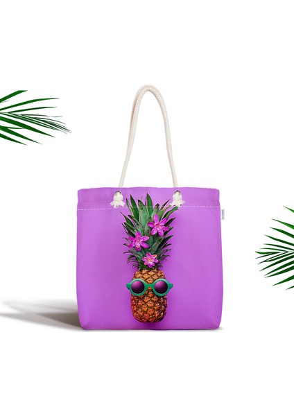 Mor Zeminde Ananas Desenli Modern Fermuarlı Kumaş Çanta