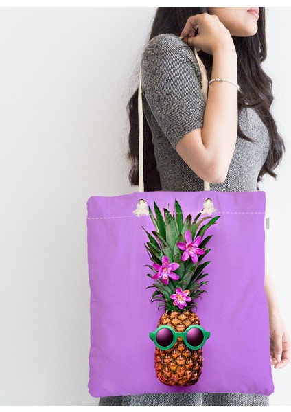 Mor Zeminde Ananas Desenli Modern Fermuarlı Kumaş Çanta fiyatları