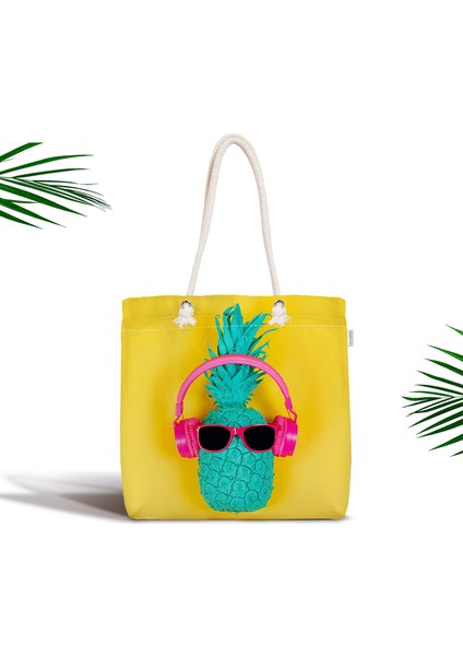 Sarı Zeminli Ananas Detaylı Modern Fermuarlı Kumaş Çanta