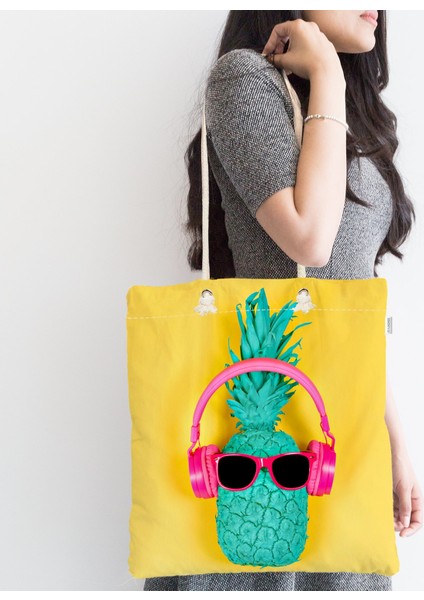 Sarı Zeminli Ananas Detaylı Modern Fermuarlı Kumaş Çanta