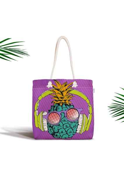 Mor Zeminde Tropikal Ananas Desenli Dijital Baskılı Fermuarlı Kumaş Çanta