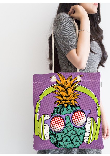 Mor Zeminde Tropikal Ananas Desenli Dijital Baskılı Fermuarlı Kumaş Çanta fiyatları