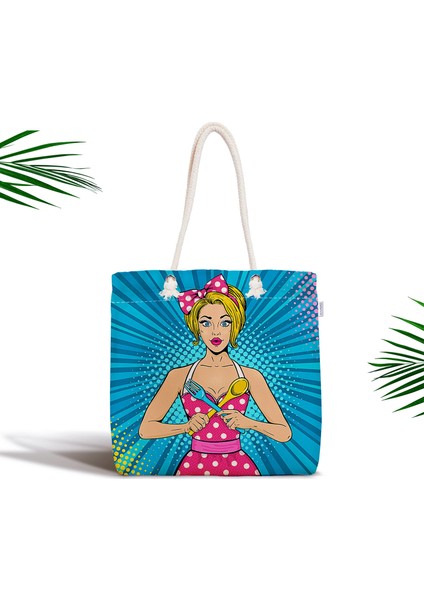 Mavi Zemini Popart Girl Desenli Fermuarlı Modern Kumaş Çanta